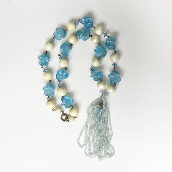 Vintage Blue Plastic & Faux Pearl Beaded Seed Bead Tassel Link Necklace As Is - Picture 1 of 2